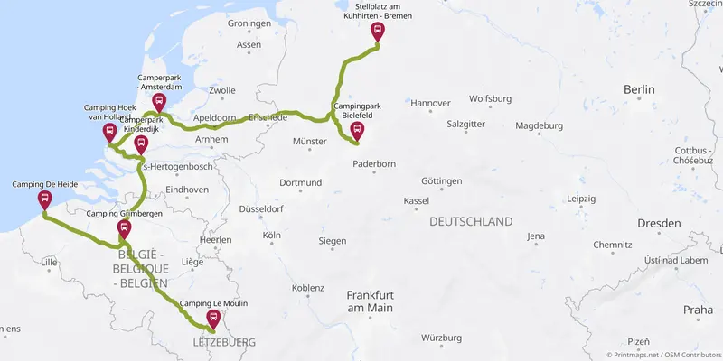 Kartenausschnitt der Route von Deutschland nach BeNeLux