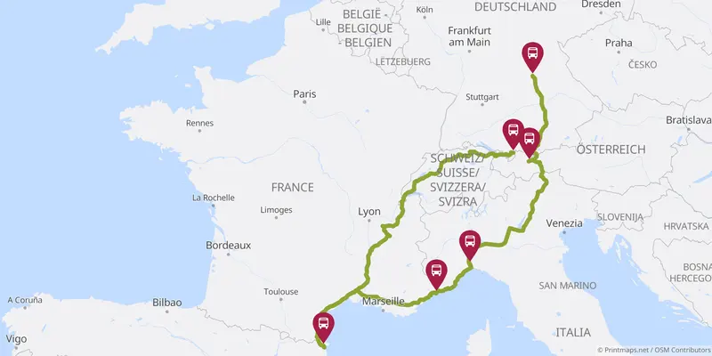 Kartenausschnitt der Route an die Costa Brava
