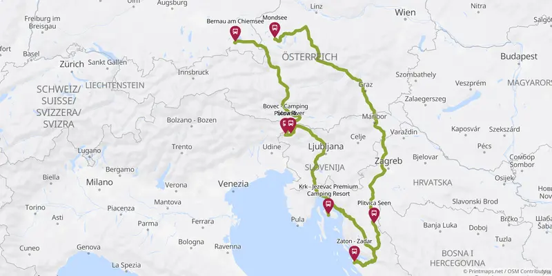 Kartenausschnitt der Route durch Slowenien nach Kroatien