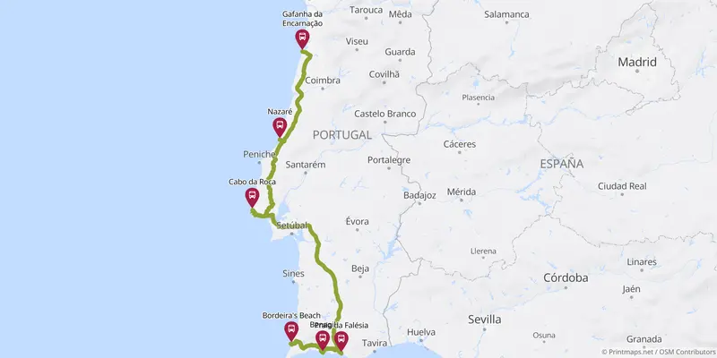 Kartenausschnitt der Route entlang der portugiesischen Küsten