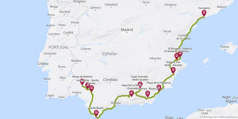 Kartenausschnitt der Route Viva España durch Spanien